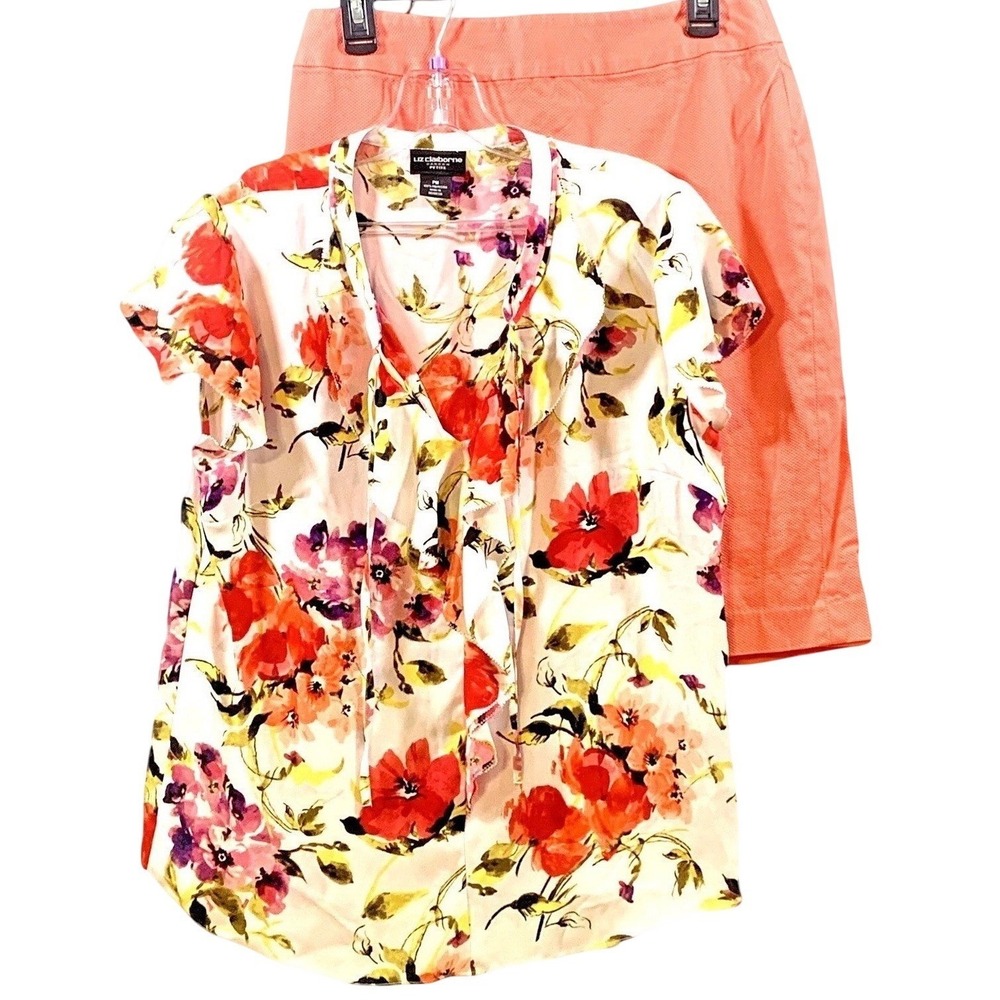 Liz Claiborne Petite Skirt Set PM Floral Blouse Coral‎ 2 Pc Outfit